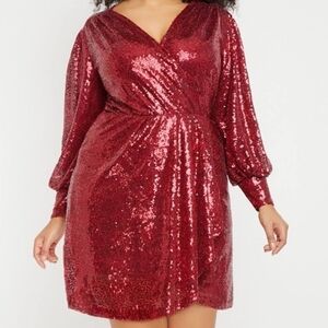 Eloquii Sequin Faux Wrap Puff Sleeve Dress